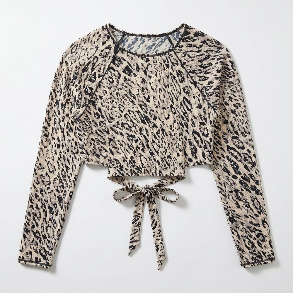 All In Motion Animal Print Tie Hem Rashguard Crop Top Black Beige Womens XL